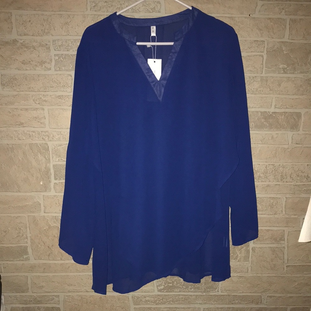 ✅Rosegal Blue Semi Sheer V Neck Blouse